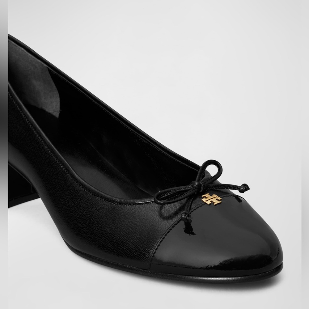 TORY BURCH Mixed Black Leather Cap-Toe Ballerina Block Pumps Size 7 - Picture 2 of 14
